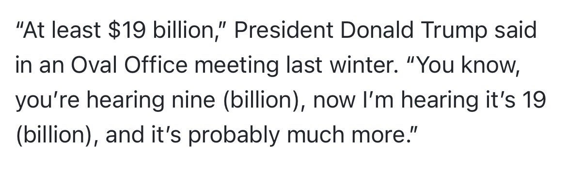 Smokesum212's tweet photo. @Skatter44 @aaboom16 First it’s 9 billion then trump says it’s 19 billion lmaooooo. Make up your mind. https://t.co/5YKSEHuVhO