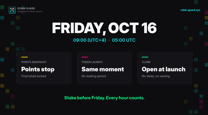 Defifundamental's tweet photo. Mark your calendar: Friday, Oct 16 at 05:00 UTC is the big moment for @RobinGuards.

Three things happen at once:

• the points snapshot locks every final total
• the token launches
• claim opens instantly. No delay, no vesting

That last part is what caught my eye. Most airdrops make you wait weeks and then drip tokens out over months. Here you stake, the snapshot hits, and your points become tokens the same minute.

Every staked Guard earns 50 points an hour, and 1 point = 1 token. That's 1,200 points a day per Guard, about $40 at the planned $0.033 price.

But once Friday hits, the earning stops. Every hour before then is worth points, every hour after is worth nothing.

Mine, mint and stake before the snapshot:
https://t.co/jUisyHNggk