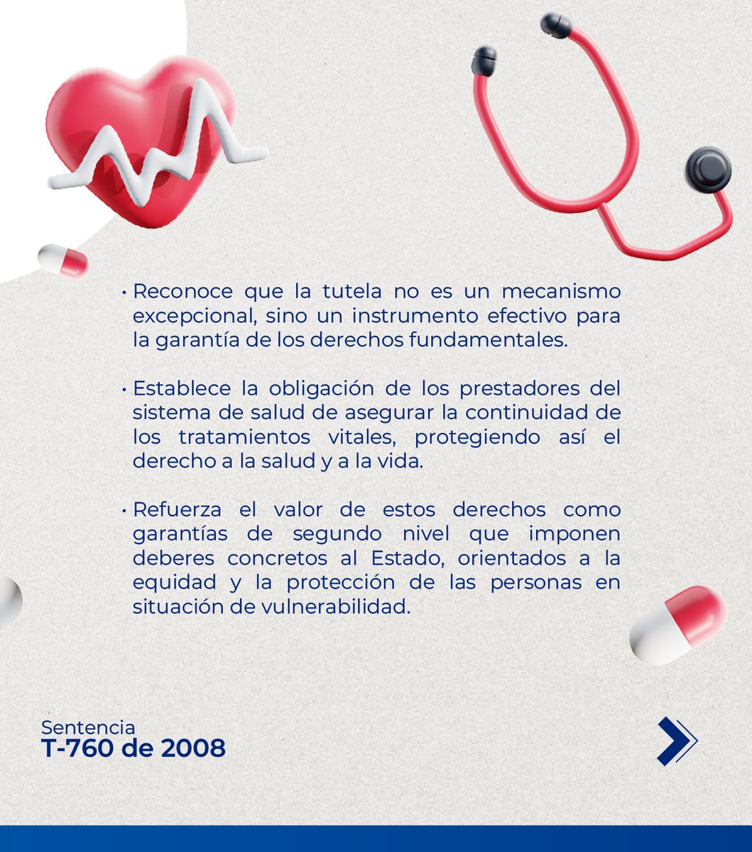 Ejrlbnet's tweet photo. ⚖️ La Sentencia T-760 de 2008 consolidó garantías para el acceso oportuno y de calidad a los servicios de salud. 🏛️ En su seguimiento, el Auto 2049 de 2025 evaluó el cumplimiento de las órdenes estructurales y dispuso medidas para hacer efectivo este derecho.

🔎 Consulte los recursos y su relevancia jurídica:
https://t.co/MH4mO4DJph