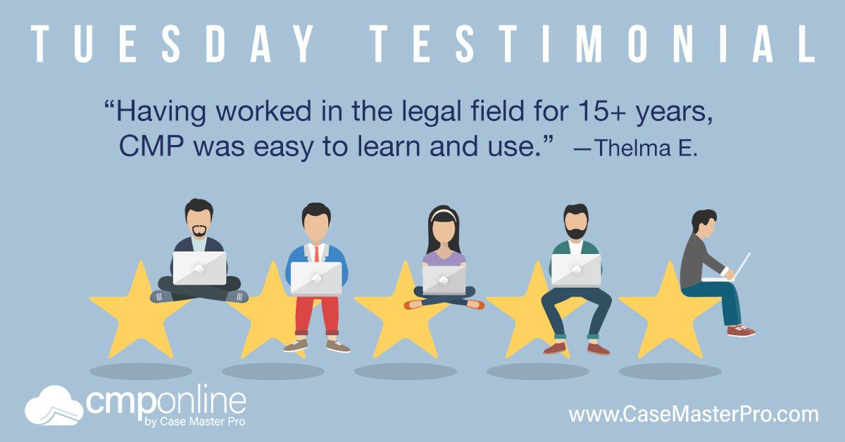 CaseMasterPro1's tweet photo. Thank you, Thelma, for your 5-star review! #TuesdayTestimonial
"CMP has excellent file management and case tracking features to fit the needs of your office. The team can and will happily customize the program as needed." - Thelma https://t.co/0J8suGv0fN