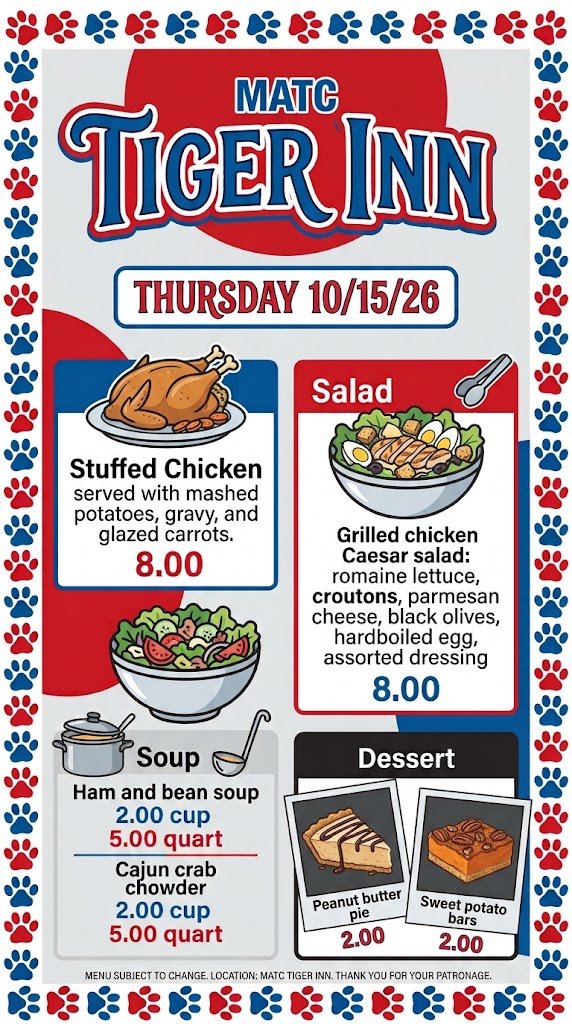 McKeesportArea's tweet photo. REMINDER - Deadline to order is at noon Wednesday!
🐾🍽️ Tiger Inn is Back This Thursday! 🍽️🐾
📅 Thursday 📍 McKeesport Area Technology Center - Tiger Inn Restaurant 🍴 Fill out the RSVP Form here: https://t.co/15sgcXOLHx #TigerInn #MATC #CTEWorks #CulinaryArts https://t.co/KyddWXNxfK