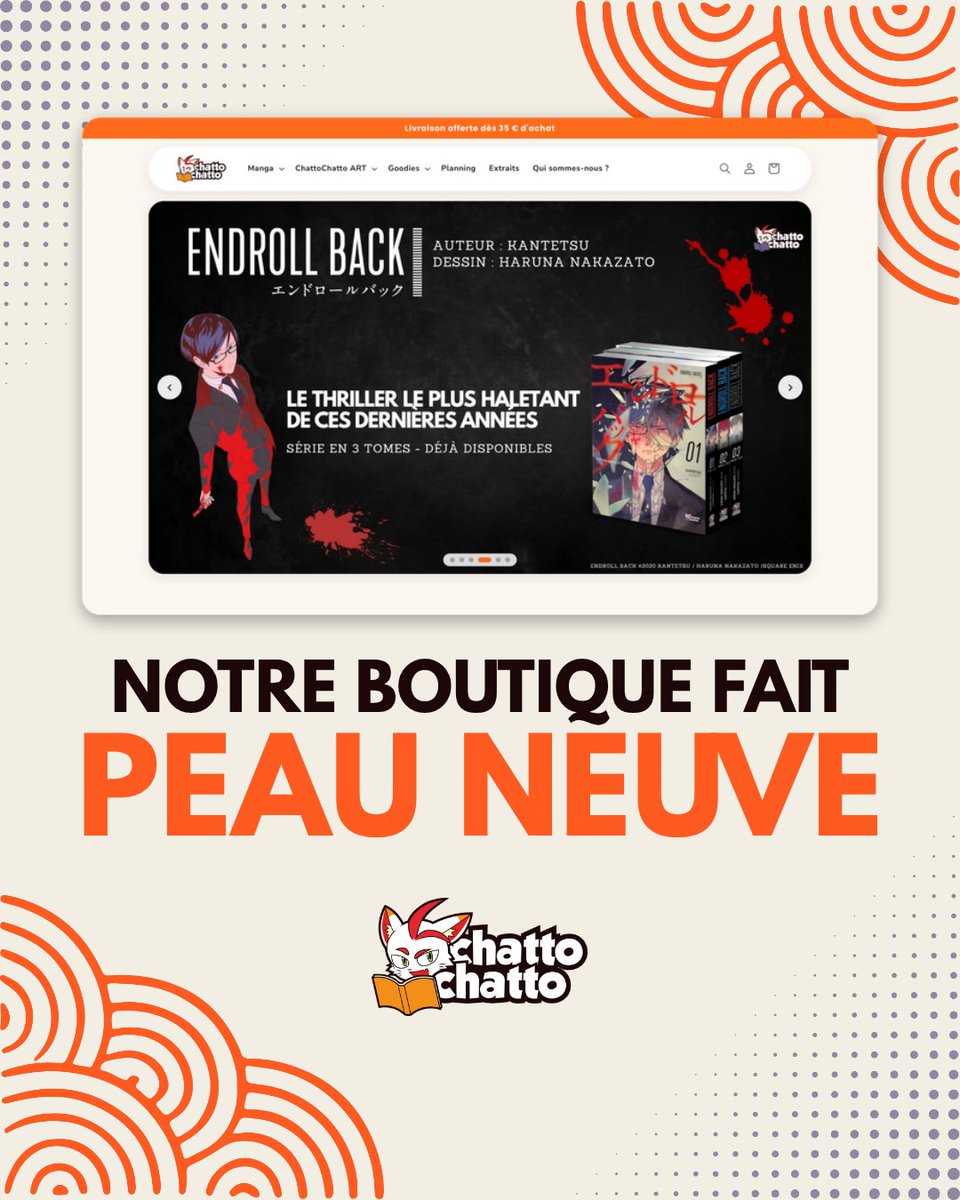 CHATTOCHATTOFR's tweet photo. Notre boutique fait peau neuve ✨

Ces dernières semaines, on a retravaillé https://t.co/fVNiMlVZoH pour le rendre plus joli, mais surtout plus pratique. Au programme :

📖 Un onglet Extraits pour feuilleter les premières pages de Don't Call Me Magical Girl, Carciphona et Dragon Metropolis avant de vous lancer (d'autres arrivent bientôt !)
📚 Des packs : nos séries complètes en un clic, et des sélections thématiques pour découvrir nos titres autrement
🔎 Un menu repensé pour trouver votre prochaine lecture par thème (thriller, romance, fantasy…) ou par âge
🚚 La livraison offerte dès 35 € d'achat en France métropolitaine
📍 Et parce qu'on tient à nos libraires : le bouton « Trouver une librairie » vous indique où trouver nos titres près de chez vous

Allez faire un tour et dites-nous ce que vous en pensez en commentaire 👇
🔗 https://t.co/fVNiMlVZoH

#manga #mangafrancais #chattochatto