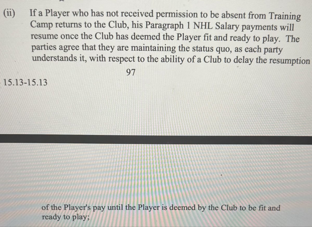 stevewerier's tweet photo. If Connor Hellebuyck returns to Winnipeg, the Jets should invoke Article 15.13(c)(ii) &amp; (v) of the NHL CBA to do the following:

1. Delay paying him until THEY deem him fit and ready to play 

and then

2. Impose a disciplinary suspension of reasonable length b/c he skipped camp https://t.co/XntWiMmliX