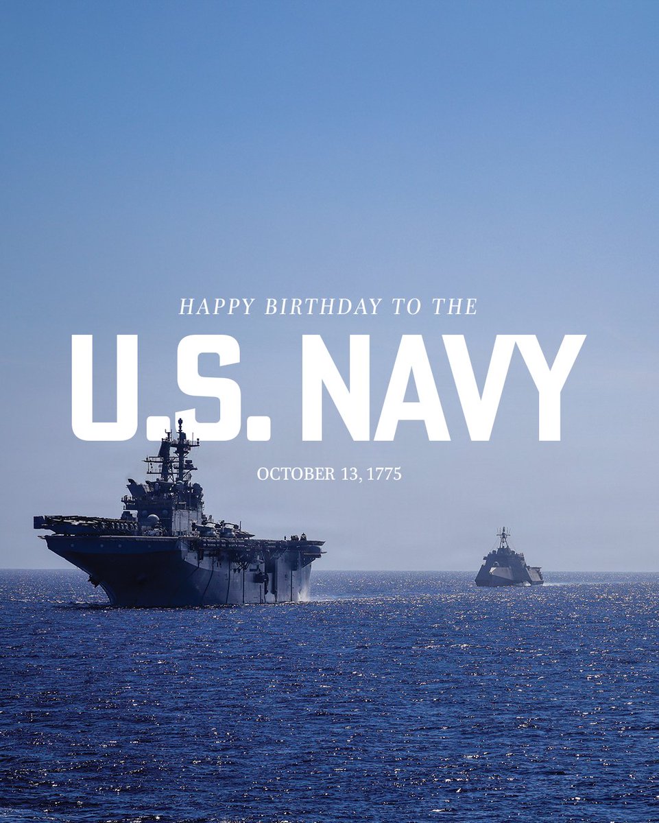 A birthday graphic featuring a large aircraft carrier and a smaller naval ship on the ocean beneath a clear sky, with prominent celebratory text overlaid.