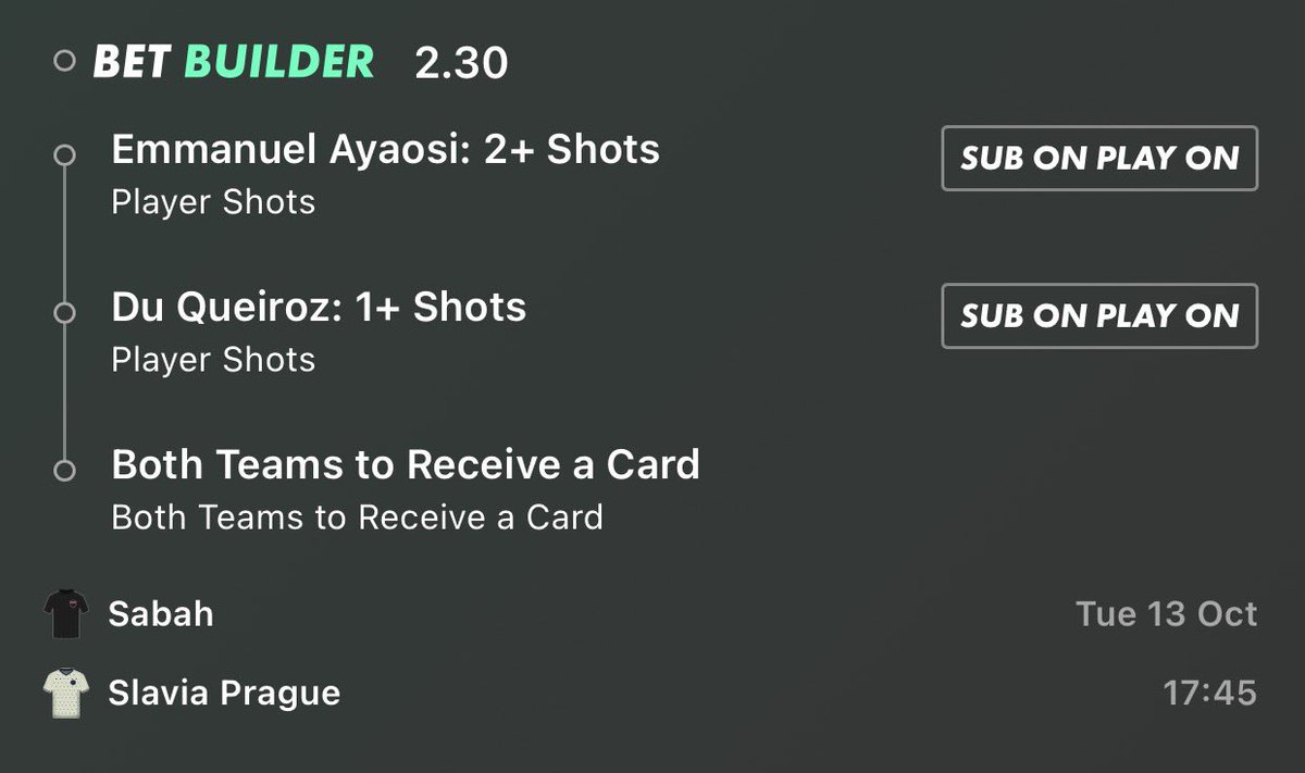 FulTimeFortune's tweet photo. 🇫🇷 Lens vs Sporting 🇵🇹

🎯 BET BUILDER @ 2.37

Luis Suárez — 2+ shots
Franjo Ivanović — 2+ shots
Robin Risser — 2+ saves

Suárez averaged 4.55 shots per 90 in the league last season, comfortably above the two-shot line. His role through the middle gives him opportunities to finish attacks, and Sporting’s attacking output should create a game with chances at both ends.

Ivanović averaged around 3.19 shots per 90 across the listed competitions last season, but his current minutes and shooting numbers are lower. That makes his role an important factor here. If he gets sufficient time on the pitch, his forward position gives him opportunities to reach the two-shot mark.

Risser’s recent form is encouraging, recording 2, 3, 5, 3 and 4 saves across his last five listed matches. That’s five from five landing the 2+ saves line, averaging 3.4 per game. Sporting are averaging 5.5 shots on target per league match this season, giving him opportunities to make the required saves.

🇦🇿 Sabah vs Slavia Prague 🇨🇿

🎯 BET BUILDER @ 2.30

Emmanuel Ayaosi — 2+ shots
Du Queiroz — 1+ shot
Both Teams to Receive a Card

Ayaosi’s last-season average was around 2.16 shots per 90, putting the line within reach if he gets the minutes and attacking role needed. His recent form has been less consistent, so his involvement in the final third will be key against a Sabah side that has already conceded 21 shots in its opening Champions League match.

Du Queiroz only needs one shot, but his expected minutes are the big factor here. The available European sample is limited, so his starting role and position on the pitch will matter. If he gets a decent spell in midfield and opportunities to support attacks, the low line gives him a route to land.

The card market has the strongest historical numbers behind it. Sabah averaged 1.64 cards per game last season, while Slavia Prague averaged 2.14. The referee’s historical profile also points towards a game where bookings are possible, with both teams receiving a card in 83% of his analysed matches.

Let’s see if this land 🎯🔥

Follow @FulTimeFortune for more bet builders, stats & picks ⚽️📊