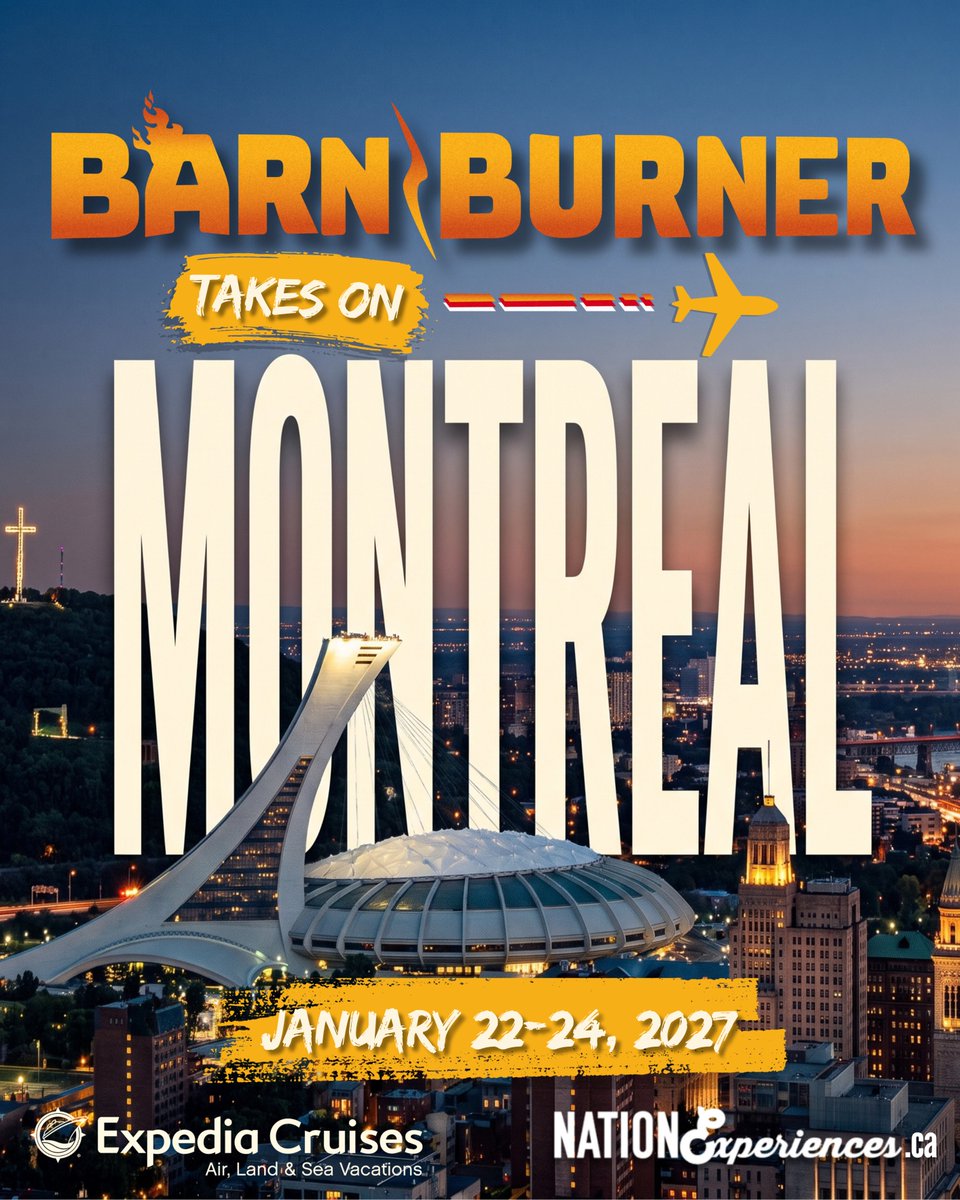 dfocalgary's tweet photo. 🔥 @FNBarnBurner is taking their show on the road! 🔥

Boomer, Pinder and Rhett Warrener are heading to Montreal from January 22–24, 2027, and they want YOU to go with them!

Hockey? Absolutely. Good times? Guaranteed. A whole lot of @FNBarnBurner? You already know.

Plus, exclusive Nation Experiences you won't get anywhere else.

What could possibly go wrong?

🎟️ Book your Barn Burner Vacation NOW https://t.co/x1ebkCwbxW
Spots are limited! @NationExp
