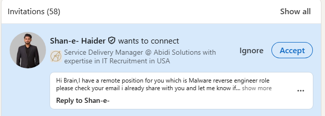 bbaskin's tweet photo. Received unsolicited job offer at address I rarely use, where they misspelled my name as Brain

Then a LinkedIn invite

30 seconds later, a phone call from a call center to my unlisted cell phone about the same role

I could not hang up fast enough

This method _does not work_ https://t.co/SMcvuhbUMU