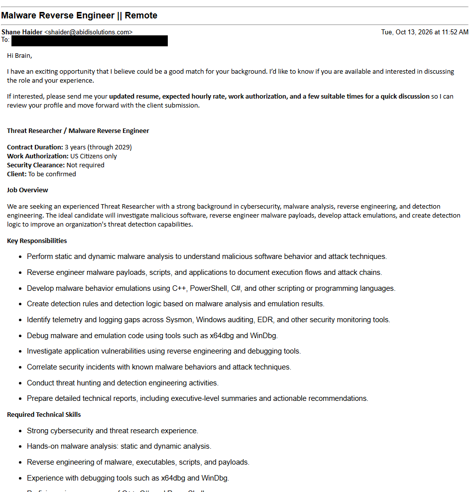 bbaskin's tweet photo. Received unsolicited job offer at address I rarely use, where they misspelled my name as Brain

Then a LinkedIn invite

30 seconds later, a phone call from a call center to my unlisted cell phone about the same role

I could not hang up fast enough

This method _does not work_ https://t.co/SMcvuhbUMU