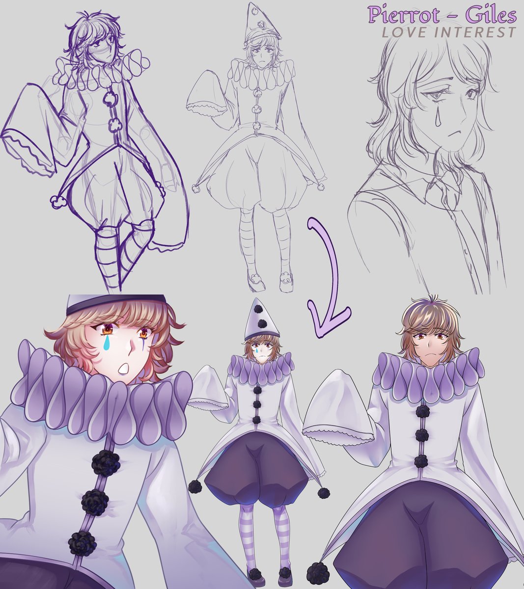 CrystalGameWork's tweet photo. Pierrots come in all shapes and sizes, from more classic monochrome to colorful modernity. This is a look at the concept art to final rendering for Giles, the Pierrot love interest in our horror romance visual novel Harlequinade!

Follow the KS: https://t.co/NJABBbG7ti https://t.co/alV35riTe3