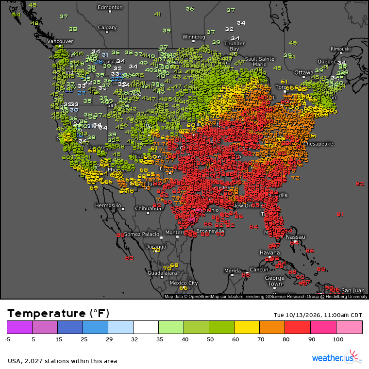 WeatherdotUS's tweet photo. Here's a look at the air temperature across the continental USA this noontime:

https://t.co/5ksxAB7ZY3

TT https://t.co/tdpY5zbt8s