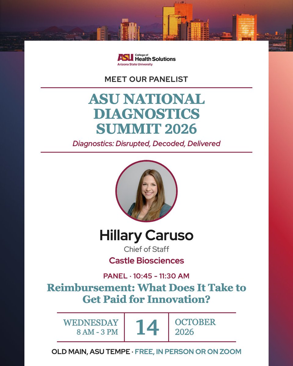 CastleBio's tweet photo. TOMORROW, 10/14: Castle Biosciences' Chief of Staff Hillary Caruso will be speaking on a panel, "Reimbursement: What Does It Take to Get Paid for Innovation?" at the ASU National Diagnostics Summit (10:45 - 11:30 AM Arizona time). Moderated by Michael Ryan (McDermott Will & Emery), the panel also includes Molly Broache (Illumina), Lena Chaihorsky (Alva10), and Danielle Scelfo (Baylor Genetics).

Registration is free, so join live, either in person at Old Main on the ASU Tempe campus or via Zoom:
https://t.co/fqBZmQRJcM

#ASUDxSummit #Diagnostics #HealthInnovation