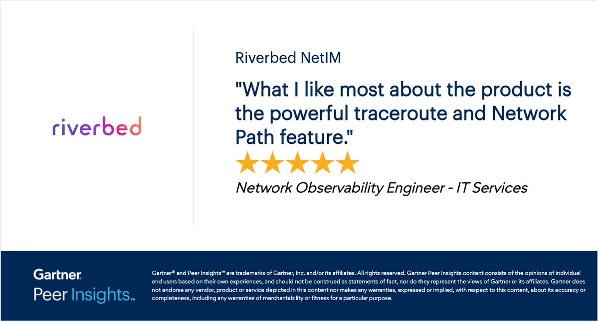 riverbed's tweet photo. Network Observability  Engineer in the IT Services Industry gives Riverbed NetIM 5/5 Rating in Gartner Peer Insights™ Infrastructure Monitoring Tools Market. Read the full review here: https://t.co/caOhWv9ijR 

#GartnerPeerInsights https://t.co/yhowRDyjEY