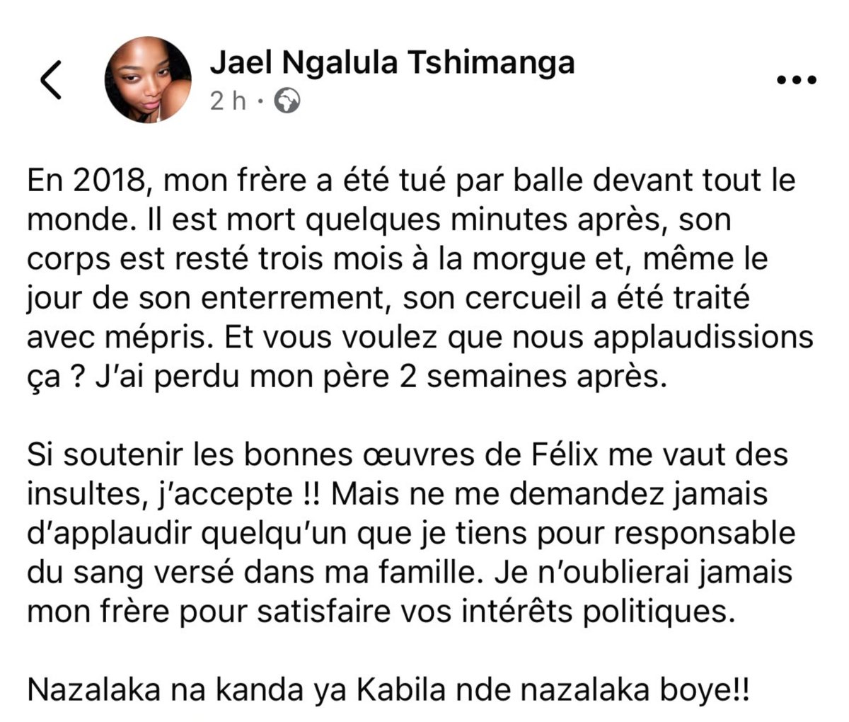 JosephKitungwa7's tweet photo. HYPOCRISIE QUAND TU NOUS TIENT

📌 Les enfants du juge Raphaël Yanyi ;
📌 La veuve et les enfants de Chérubin Okende ;
📌 Les collègues et les enfants du brigadier de police Fiston Kabeya ;
📌 Les familles des fidèles de l’Église Wazalendo tués à six heures du matin lors de l’intervention de la Garde républicaine ;
📌 Les familles des détenus morts dans la prison de Makala en pleine nuit…

Toutes ces personnes peuvent, elles aussi, témoigner de ce que signifie vivre sous le régime actuel.

Au fond, il est toujours plus facile — et bien moins exigeant pour la conscience — de haïr un individu que l’on méprise instinctivement que de condamner le mal commis par un homme auquel on voue une admiration aveuglante.

Car c’est là que réside le véritable test de notre intégrité morale : sommes-nous capables de condamner le mal avec la même fermeté, indépendamment de l’identité de celui qui le commet ? Ou notre jugement moral se dissout-il dès lors que le coupable appartient au camp auquel nous sommes affectivement attachés ?

L’hypocrisie à la congolaise : ce cancer de la conscience collective qui résiste à tous les traitements, parce que ceux qui prétendent le combattre refusent trop souvent d’en reconnaître les symptômes chez eux-mêmes.