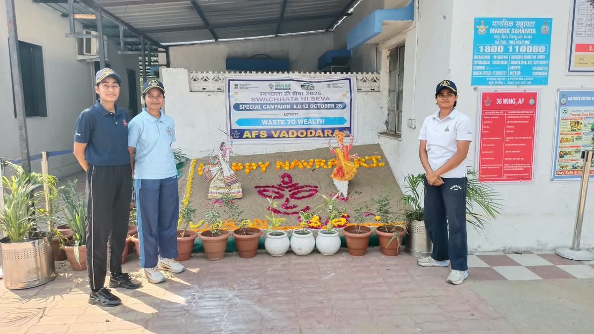SWAC_IAF's tweet photo. TOWARDS A CLEANER & GREENER TOMORROW 🌿

Under #SpecialCampaign6.0, Air Force Station Vadodara undertook a series of initiatives on 12 Oct 26 to promote cleanliness, environmental sustainability and workplace efficiency. Activities included cleanliness drives, e-waste management, tree plantation, scrap disposal and a free health check-up camp for domestic support staff and contractual personnel.

A creative sculpture crafted from waste materials and discarded flowers highlighted the spirit of “Waste to Wealth”, celebrating the festive spirit of Navratri and reaffirming the commitment towards a cleaner, greener and more sustainable environment.

#IndianAirForce #SWAC #SwachhataDiwas #SwachhataHiSeva #WasteToWealth

@SwachhBharatgov
@swachhBharat
@MoHUA_India
@MoJSDDWS
@DefenceMinIndia
@SpokespersonMoD
@HQ_IDS_India
@adgpi
@IAF_MCC
@DefencePRO_Guj