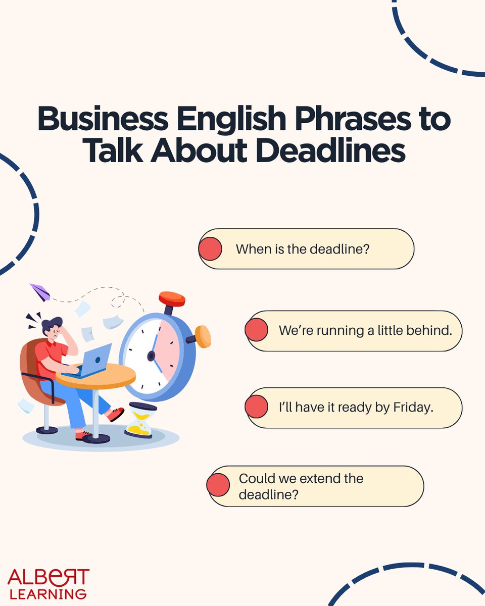 Albert_Learning's tweet photo. ⏰ Deadlines are part of every professional’s life! Knowing how to talk about them in English can help you communicate more clearly and confidently at work. 💼

💬 Which phrase do you use most often?
#BusinessEnglish #LearnEnglish #EnglishAtWork #WorkplaceEnglish #AlbertLearning https://t.co/YbyYpvNPRG