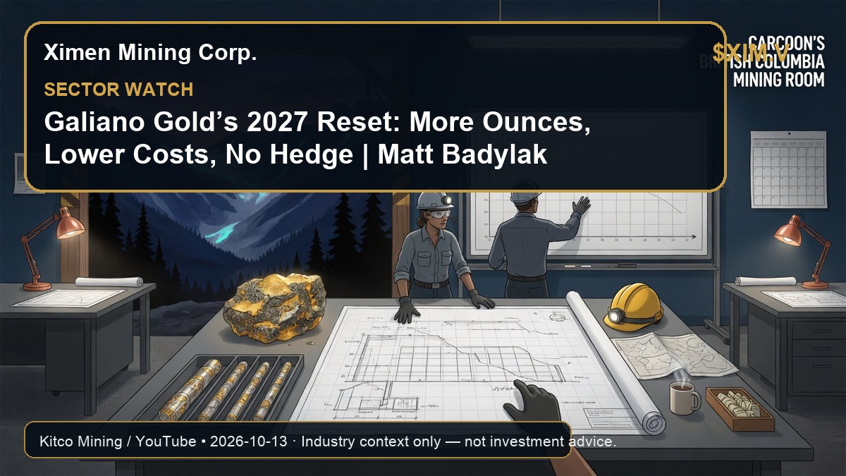 XimenMiningCorp's tweet photo. Sector watch: Kitco Mining / YouTube covers “Galiano Gold’s 2027 Reset: More Ounces, Lower Costs, No Hedge | Matt Badylak.”
Industry context only — not investment advice.
https://t.co/CEBXPSpoX5
#XimenMining #Gold #Mining #TSXV $XIM.V https://t.co/QBr5QG4Fd9