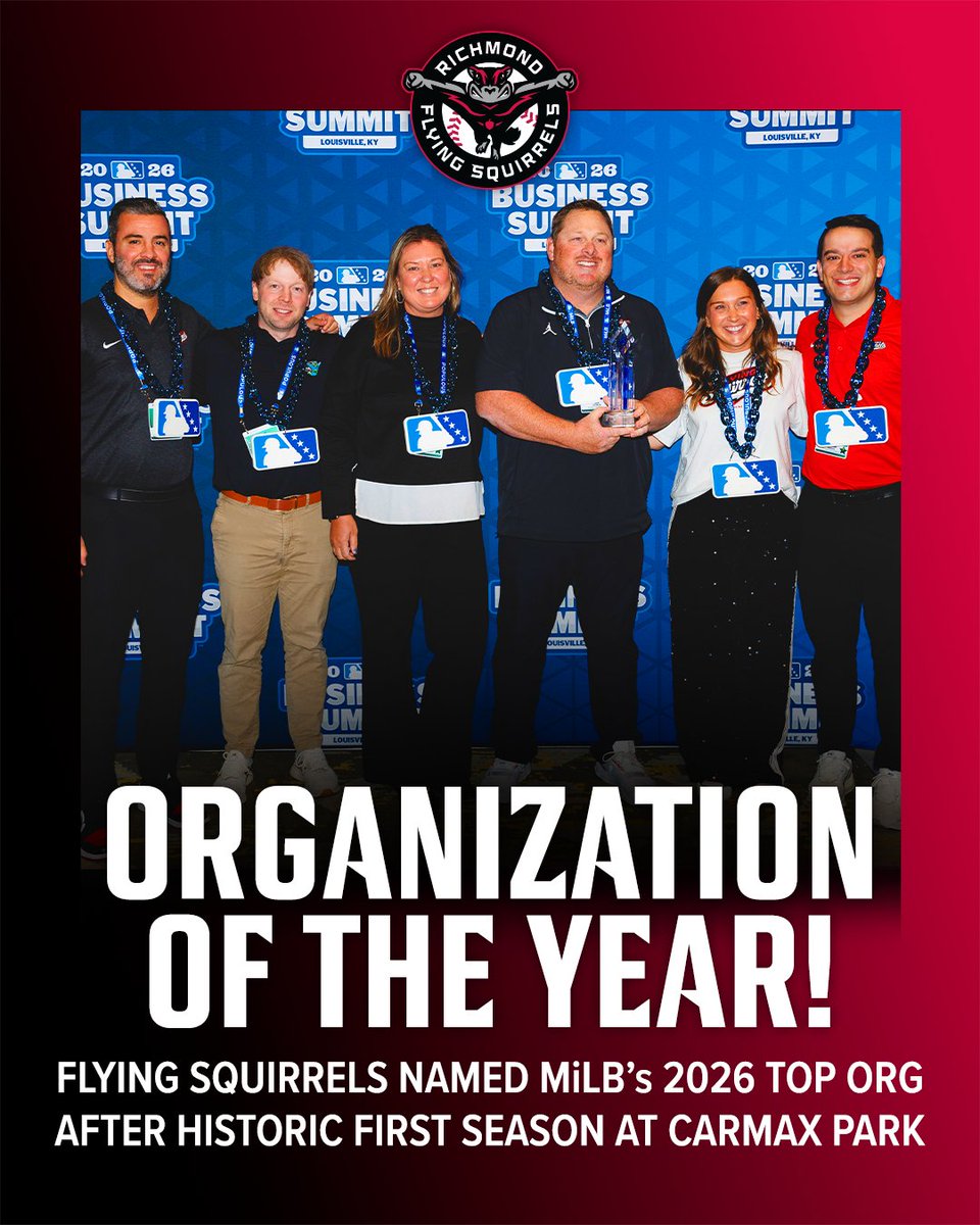 GoSquirrels's tweet photo. Capping off a storybook 2026 season with the most prestigious award in Minor League Baseball 🏆

Your Richmond Flying Squirrels have been named @MiLB's 2026 Organization of the Year!

📰 https://t.co/JglmePxcm6 https://t.co/ttR2aASvB1