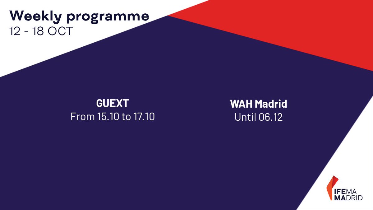 IFEMA's tweet photo. 🗓️ 𝐓𝐇𝐈𝐒 𝐖𝐄𝐄𝐊 𝐀𝐓 𝐈𝐅𝐄𝐌𝐀 𝐌𝐀𝐃𝐑𝐈𝐃

🍽️ @GUEXT_ returns for a new edition dedicated to the hospitality industry, bringing together innovation, trends and solutions for the sector.

🎤 Plus, @wahshowmadrid invites us to enjoy a spectacular experience. https://t.co/ch0hYe87wt