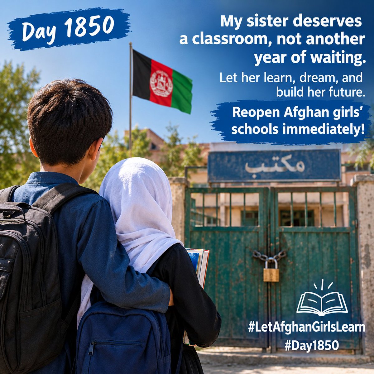 AfghanistanRW's tweet photo. Day 1850  A Brother’s Voice
My sister deserves a classroom, not another year of waiting. As her brother, I want to see her learn, grow, and build the future she dreams of. The world must stand with Afghan girls. Call peacefully for their schools to reopen immediately!
 #Day1850 https://t.co/7se7ncgJ9u