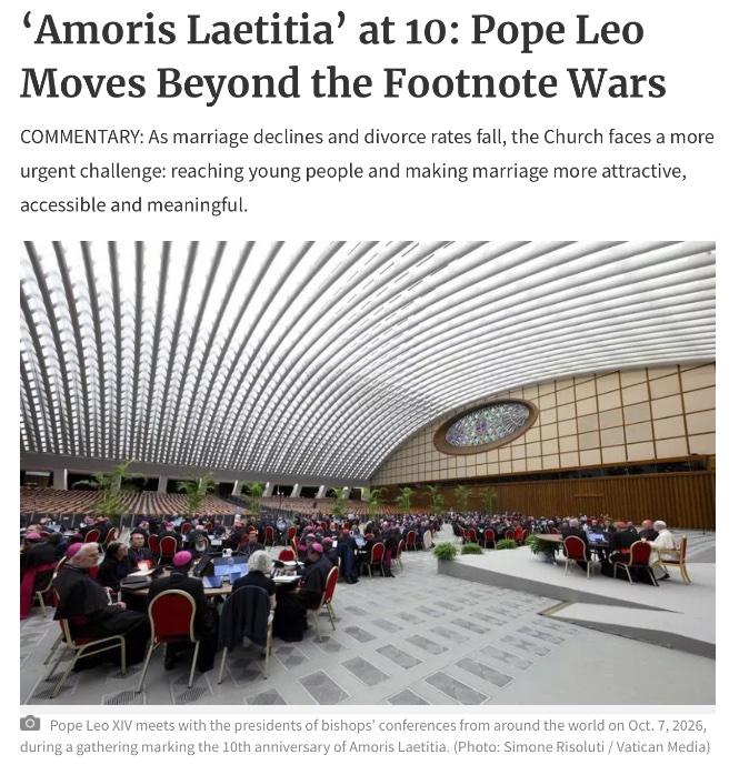 PTBwrites's tweet photo. Pope Francis' famous "footnote" led to a pontificate that too often felt trapped in internecine conflict. 10 years after "Amoris," Pope Leo's perspective feels refreshingly outward-focused and, hopefully, responsive to today's challenges. 
My first column (!) for the @NCRegister: https://t.co/7sHzwJcZ7D