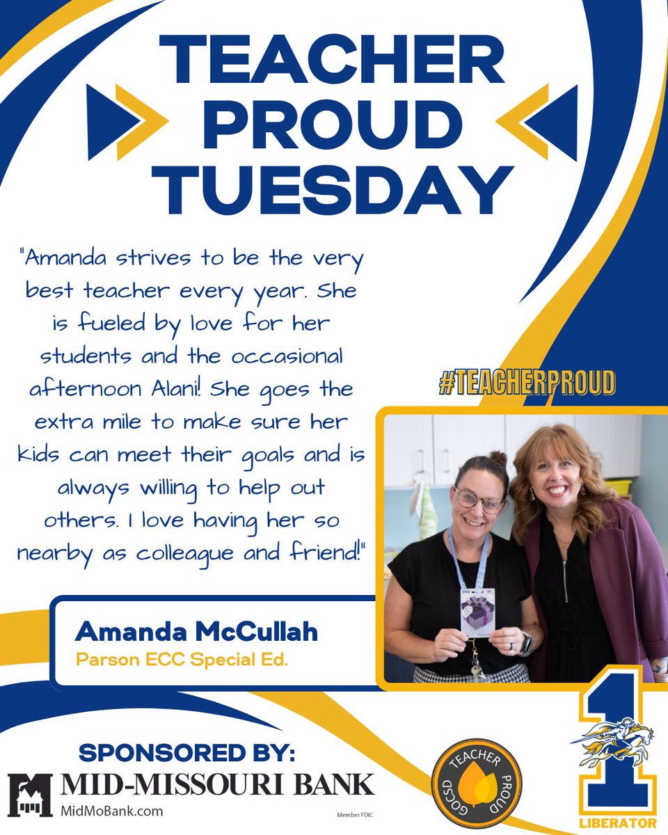 Bolivar_Schools's tweet photo. It is #TeacherProud Tuesday! These educators are incredible and make a positive impact on our students every day! #TeacherProud Tuesday is sponsored by
@midmobank. #OneLiberator #GOCSDππ https://t.co/XR8yaJKxyE