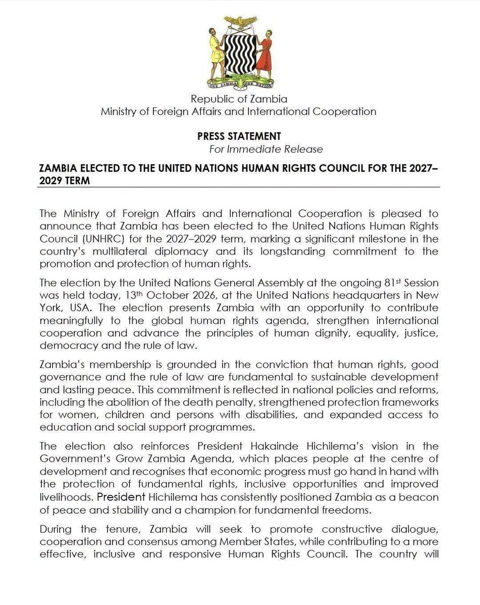 ChabzOfficial's tweet photo. ZAMBIA ELECTED TO THE UNITED NATIONS HUMAN RIGHTS COUNCIL FOR THE 2027–2029 TERM

#PeaceSecurityStability 
#GrowZambiaAgenda 
#ForeignAffairsZambia https://t.co/i0Ke6MUFvZ