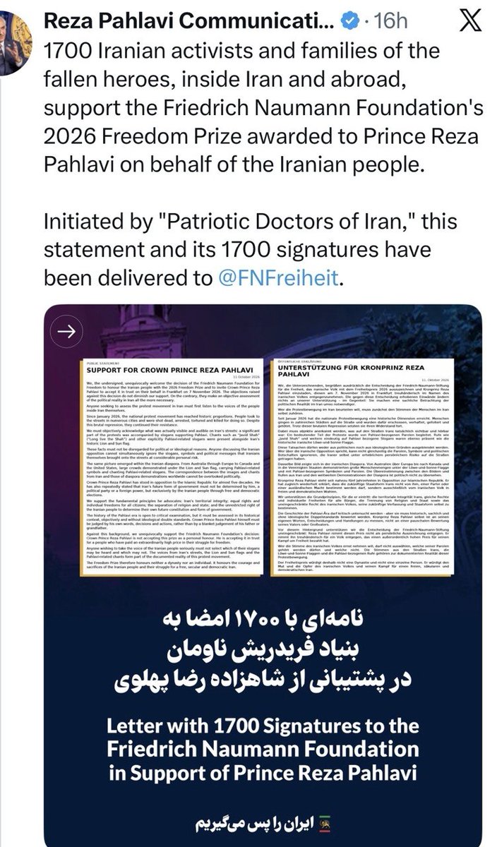 YaghobiHossein's tweet photo. Sind die Schlägertrupps Reza Pahlavis etwa auch unter den Unterzeichnern?
Eine organisierte Unterschriftenkampagne ist – unabhängig von der Zahl der Unterschriften – kein Ersatz für demokratische Legitimation. Sie beantwortet auch nicht die grundlegenden Fragen zu Reza Pahlavis politischen Positionen und seiner Vorstellung von der Zukunft Irans.
Mehrere zentrale Fragen geben ernsthaften Anlass zur Sorge:
Das Erbe der Folter und Repression unter seinem Vater: Reza Pahlavi erklärte in einem Interview: „I am proud of the heritage of my grandfather and my father.“ Worauf bezieht er sich? Erkennt er die Folter, die politische Verfolgung und die Repressionen unter der Herrschaft seines Vaters uneingeschränkt an und verurteilt er sie ausdrücklich?
Ist er bereit, die erbliche Herrschaft ausdrücklich auszuschließen?
Wie rechtfertigt er seine Forderungen nach beziehungsweise seine Begrüßung ausländischer Militärangriffe auf Iran – angesichts der verheerenden Folgen, die solche Angriffe für die iranische Bevölkerung und die Souveränität des Landes haben können?
Das sind keine nebensächlichen Fragen.
Und noch ein wichtiger Punkt: 1.700 Unterschriften sind kein nationales Mandat. Sie belegen allenfalls, dass die betreffenden Personen diese Erklärung unterzeichnet haben. Sie berechtigen niemanden dazu, ihre Unterstützung automatisch als den Willen des gesamten iranischen Volkes darzustellen.
Inzwischen laufen in fast jedem Bundesland Ermittlungsverfahren gegen die Schlägertrupps aus dem Umfeld von Reza Pahlavi, die gezielt und gewaltsam gegen Veranstaltungen anderer iranischer Gruppen vorgehen, um diese einzuschüchtern. Die ARD-Sendung Kontraste thematisierte am 28. Mai 2026 in ihrem Beitrag „Wie gespalten ist die iranische Opposition?“ unter anderem Vorwürfe von Anfeindungen und Bedrohungen gegen Journalistinnen, Journalisten und andere Kritiker im Umfeld der iranischen Opposition.
https://t.co/IvJkHUb6mq
Das sind alarmierende Signale, die von allen demokratischen Parteien ernst genommen werden müssen.
Gewiss sind unter den 1.700 Unterzeichnern auch Personen aus der Schlägerbande, die eine enge persönliche Beziehung zu Reza Pahlavi pflegen.

Das eingefügte Bild zeigt, wie ein enger Vertrauter Reza Pahlavis im September 2026 bei einer nichtmonarchistischen Veranstaltung einen Demonstrationsteilnehmer angreift und verletzt.

Ob es sich um 1.700 Unterzeichner oder um die viel zitierte Behauptung Reza Pahlavis handelt, im Iran gebe es 160.000 Militärangehörige, die desertiert seien oder bereitstünden, zu desertieren und für ihn zu kämpfen – was sich als reine Lüge entpuppt hat –, beides zeigt nur eines: den Versuch, politische Legitimation durch Lobbyarbeit und Manipulation zu konstruieren.
Dass die geplante Preisverleihung an Reza Pahlavi durch reine Lobbyarbeit zustande gekommen ist, steht nicht zur Disposition. Vielmehr stellt sich die Frage, ob Bijan Djir-Sarai durch seine Lobbyarbeit für die höchst antidemokratische Strömung um Reza Pahlavi die einst von namhaften und hochgeschätzten Politikerinnen und Politikern wie Gerhart Baum, Burkhard Hirsch und Sabine Leutheusser-Schnarrenberger geprägte FDP noch tiefer ins Abseits treibt oder ob er ihr hilft.
Diese Frage müssen die klugen FDP-Politikerinnen und -Politiker ernst nehmen und beantworten. #No2ShahNo2Mullahs
@StSaebisch @Starkwatzinger @RolandWerner
@MarenJasper @C_lindner @KubickiWo @FNFreiheit
@fdp @MAStrackZi @dw_persian @rbb24 @fr @ARDKontraste @Bild @derSpiegel @SZ @tazgezwitscher @welt @Tagesspiegel @faznet @fnp_zeitung @dw @zdf @derfreitag @SpiegelOnline @zeitonline @BerlinerZeitung @journalffm @ARTEde