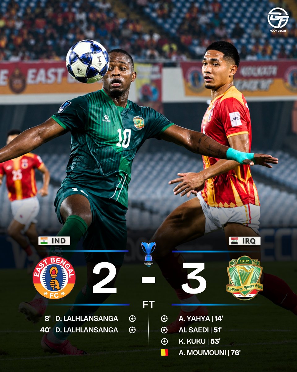 footglobeindia's tweet photo. David's brace but East Bengal fall short! 💔🔴🟡

Al-Shorta SC come back to snatch a dramatic 3-2 victory from the Red &amp; Golds in AFC Champions League Two 2026/27. 🏆🌏

A heartbreaking night for the Indian side! 💔

#EBvSHO #EastBengalFC #EBFC #ACLTwo #IndianFootball https://t.co/nleUHHIfwv