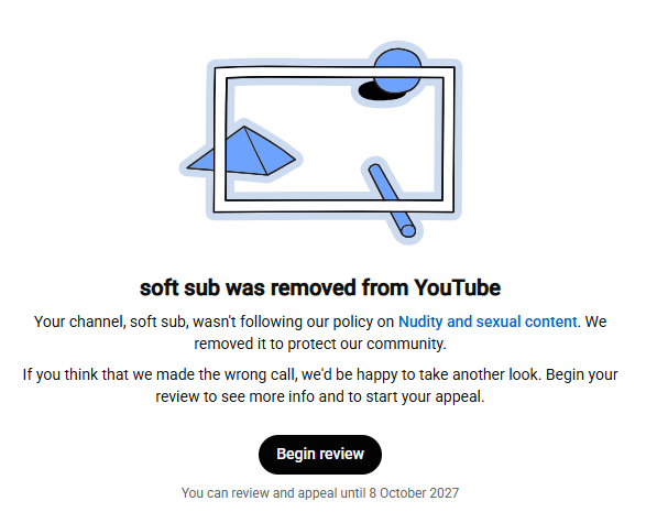 soft_sub's tweet photo. Oh dear. A bit annoying. I only had some clips generated from some AI images that had been done using a fairly strict (nudity/violence) filter. Plus one home-shot of how I create my unique images. So baffling and a bit disappointed. Now what? https://t.co/eDbfk4j9eM