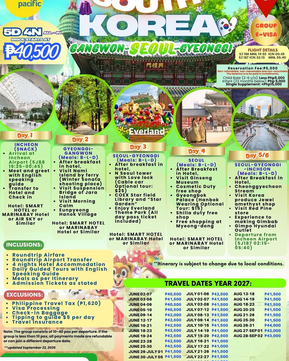 uvaalma's tweet photo. 🌿🇰🇷 **SUMMER IN SOUTH KOREA! ** 🇰🇷🌿
✨ **5D4N GANGWON – SEOUL – GYEONGGI TOUR** ✨
Experience the best of Korea with exciting destinations, beautiful scenery, shopping, culture, and **Everland Theme Park! ** 🎡💚
💰 **AS LOW AS ₱40, 500 PER PAX! https://t.co/5w7K7q3Gy9