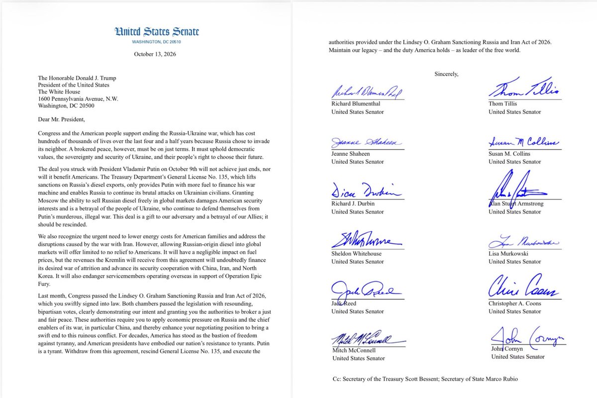 OstapYarysh's tweet photo. ‼️ 12 U.S. senators - six Republicans and six Democrats - sent a letter to President Trump urging him to rescind the diesel deal with Russia.

"The deal you struck with President Vladimir Putin on October 9th will not achieve just ends, nor will it benefit Americans.

It only provides Putin with more fuel to finance his war machine and enables Russia to continue its brutal attacks on Ukrainian civilians. Granting Moscow the ability to sell Russian diesel freely in global markets damages American security interests and is a betrayal of the people of Ukraine, who continue to defend themselves from Putin’s murderous, illegal war. This deal is a gift to our adversary and a betrayal of our Allies; it should be rescinded.

For decades, America has stood as the bastion of freedom against tyranny, and American presidents have embodied our nation’s resistance to tyrants. Putin is a tyrant.

Withdraw from this agreement, rescind General License No. 135, and execute the authorities provided under the Lindsey O. Graham Sanctioning Russia and Iran Act. Maintain our legacy - and the duty that America holds - as leader of the free world."

Signatories: @SenBlumenthal @SenThomTillis @SenatorShaheen @SenSusanCollins @SenatorDurbin @SenArmstrong @SenWhitehouse @lisamurkowski @SenJackReed @ChrisCoons @SenMcConnell @JohnCornyn.