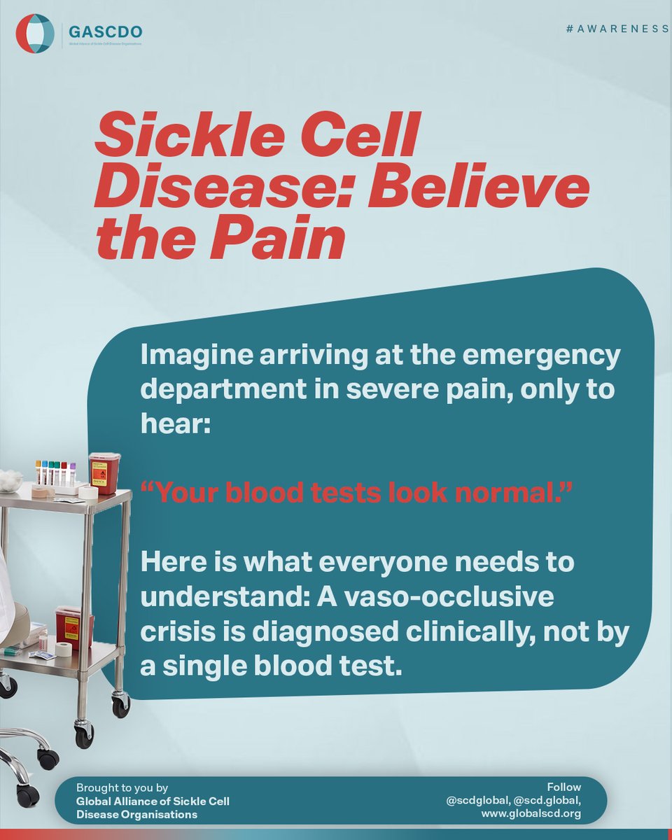globalscdorgs's tweet photo. A normal blood test ≠ no crisis. 🩸

Sickle cell pain is diagnosed by symptoms, not a single lab result. Believe the patient. Treat the pain. Investigate complications.

#BelieveThePain #SickleCellDisease #GASCDO https://t.co/4BB8air0IG