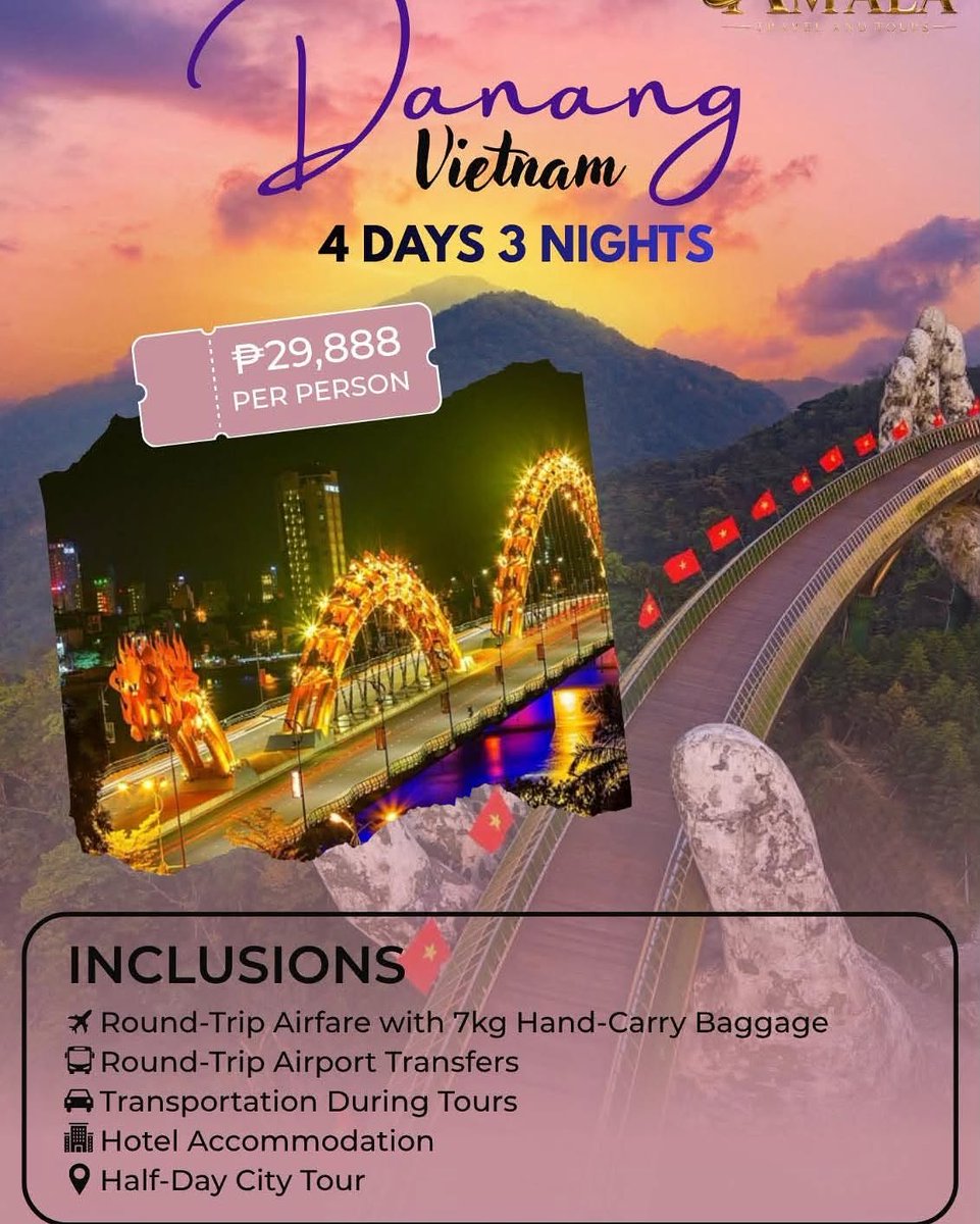 Meei16's tweet photo. 🇻🇳 DA NANG, VIETNAM
🌅 YOUR DA NANG ADVENTURE AWAITS! 🇻🇳
Discover the beauty of Da Nang—from breathtaking mountain views and stunning bridges to vibrant city life and unforgettable Vietnamese experiences. ✨🌉
✈️ 4 DAYS &amp; 3 NIGHTS
💰 ₱29, 888 PER https://t.co/k20Z4dJ8B2