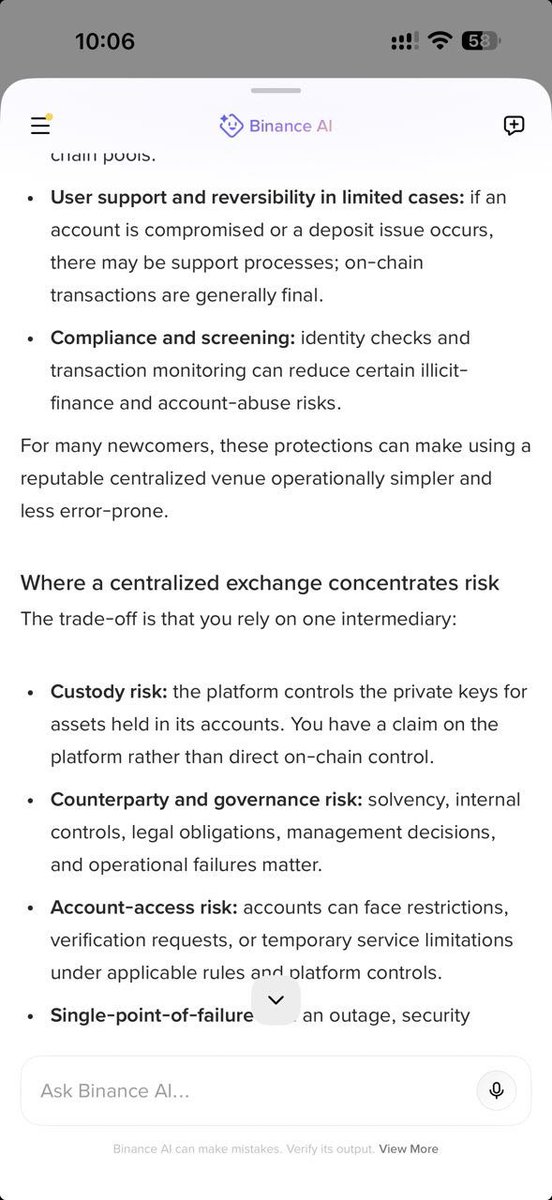 NusratAkhi0's tweet photo. I just texted Binance AI, here is my honest feedback:

 Crypto Fact Check Desk: CEX vs. DeFi

Claim: “CEXs like Binance are safer than DeFi.”

⚖️ Verdict: OVERSIMPLIFIED.

Let’s break it down 👇🧵 https://t.co/ZtVFnxu7Ph
