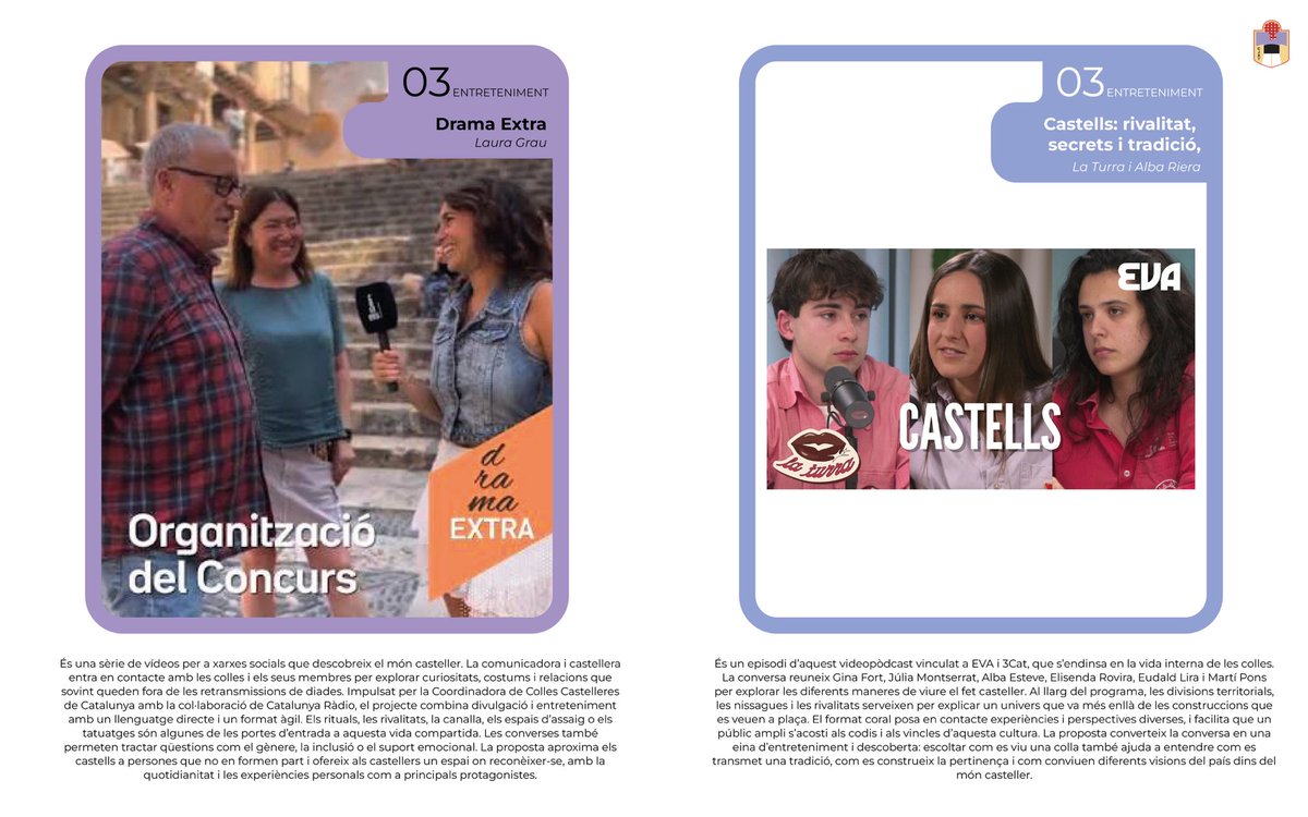JoveDeTarragona's tweet photo. 🎬🎙️ Cançons, pòdcasts i projectes audiovisuals: ja coneixem els finalistes d'Entreteniment dels primers Premis Agustí Forné a la Comunicació Castellera!
Ens trobem aquest dissabte per descobrir els guanyadors! 🏆

📍 Seminari Tarraconense•19 h

#PremisAgustíForné #FemElPas #castells