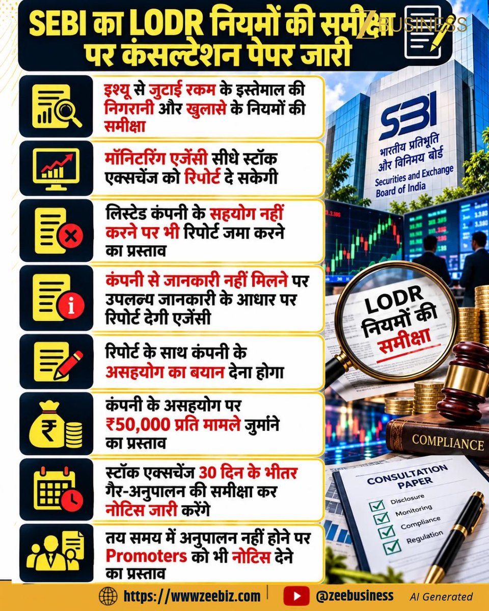 ZeeBusiness's tweet photo. #BreakingNews
SEBI का LODR नियमों की समीक्षा पर कंसल्टेशन पेपर जारी
इश्यू से जुटाई रकम के इस्तेमाल की निगरानी और खुलासे के नियमों की समीक्षा
मॉनिटरिंग एजेंसी सीधे स्टॉक एक्सचेंज को रिपोर्ट दे सकेगी
#SEBI #SEBIUpdates #LODR #LODRRegulations #ConsultationPaper #StockMarket #ShareMarket #StockExchange #MonitoringAgency #CorporateGovernance