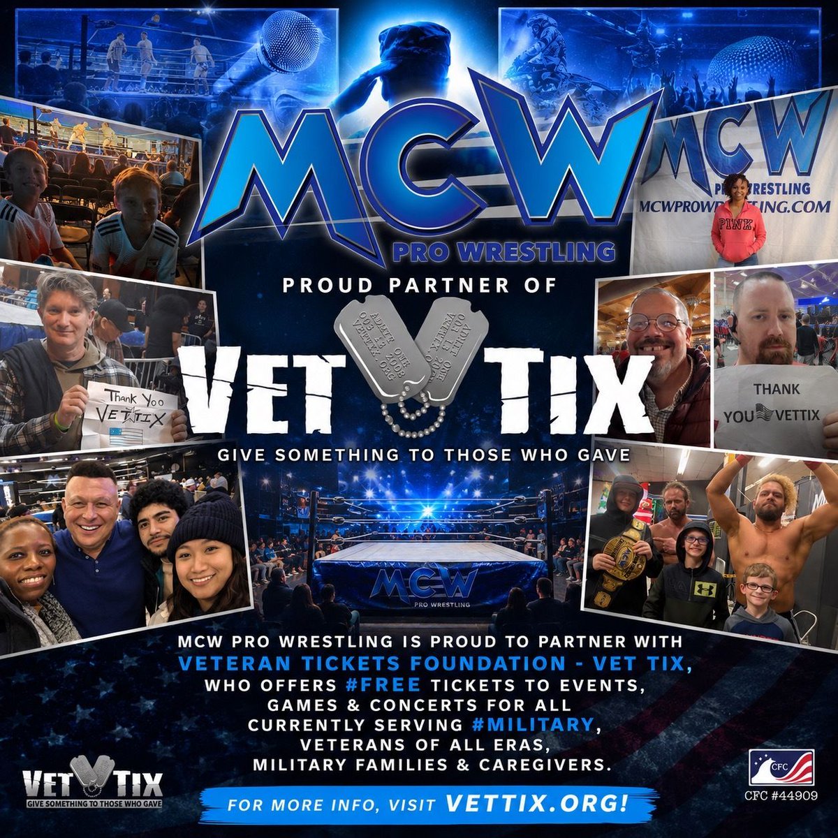 MCWWrestling's tweet photo. #MCWProWrestling is proud to partner with Veteran Tickets Foundation - @VetTix, who offers #free tickets to events, games &amp; concerts for all currently serving #military, veterans of all eras, military families &amp; caregivers.

For more info, visit https://t.co/QRs6JG5nT3! 🇺🇸 https://t.co/LMmecEHAWw