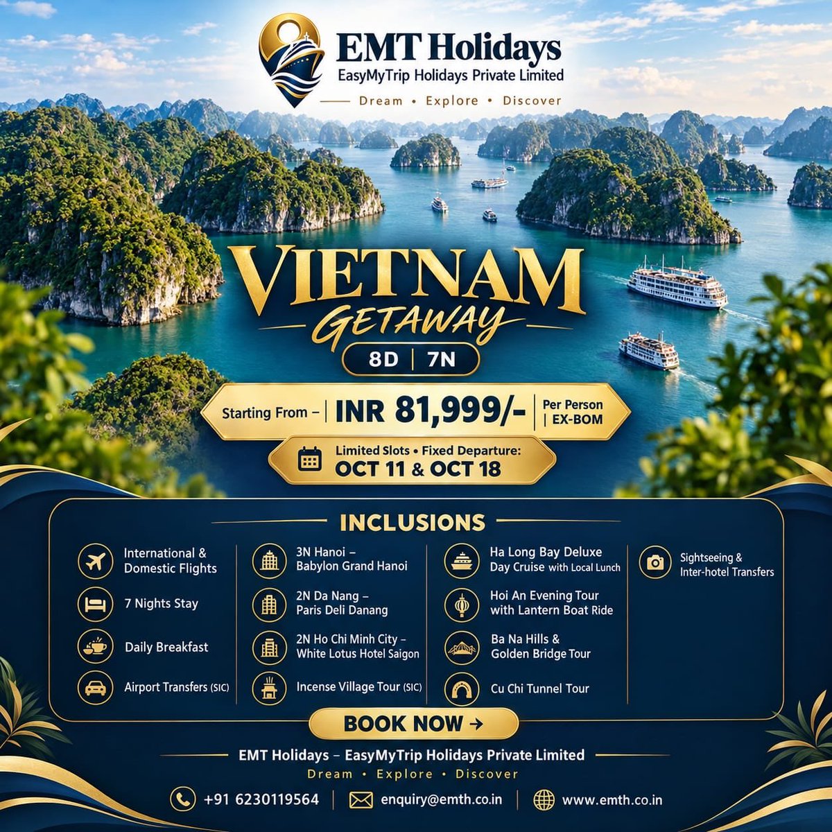 rebeabrego's tweet photo. Ha Long Bay at sunrise. Lanterns in Hoi An at night. ✨
Vietnam Getaway — 8D/7N from ₹81, 999 per person (Ex-BOM). Flights • 7 nights stay • Ha Long Bay cruise • Ba Na Hills &amp; Golden Bridge • Cu Chi Tunnels
Limited slots — fixed departures Oct https://t.co/ti7A06CsWH
