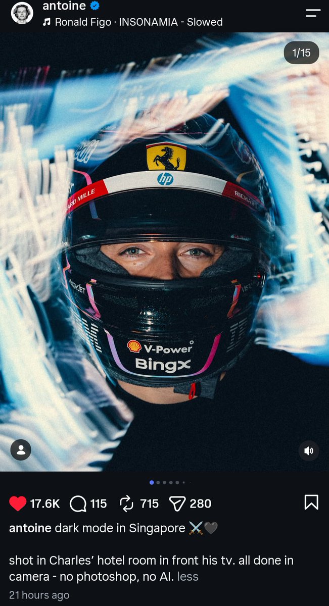lec1ercdopamine's tweet photo. Antoine had to mention the pictures weren't AI because of the Made with AI flag on charles' helmet reveal post. 

goated pictures as always, Antoine! https://t.co/Guw3kQMMox