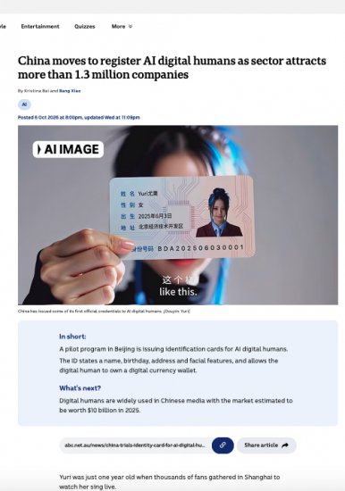 PrisonPlanet_pl's tweet photo. Chiny rozpoczęły wydawanie dokumentów tożsamości sztucznym ludziom generowanym przez AI.

Długofalowym planem globalnych elit jest wprowadzenie do  społeczeństwa nowych typów obywateli. Mają to być systemy sztucznej  inteligencji Ai, komputery i urządzenia posiadające moduły Ai, czy  roboty. Wraz z rozwojem Ai do poziomu ludzkiego i wgrania tego typu  systemów do maszyn mają one żądać uznania ich za „obywateli” i będzie im się nadawało prawa obywatelskie. Konsekwentnie jak stwierdził jeden z czołowych futurystów UNESCO będą oni posiadali pełnię praw i będą żenili się z ludźmi. Coś  co zaplanowano na lata 2030-2035 już zaczęło się w Chinach gdzie rząd  wprowadził prawo nakazujące by firmy rejestrowały tworzone przez siebie  postacie Ai. Firmy zajmujące się streamingiem, grami, tworzeniem  awatarów, aktorów Ai i innych wygenerowanych przez AI postaci mają  nadawać im własne oficjalne dokumenty tożsamości...

Więcej: https://t.co/nGhZHZPCvV