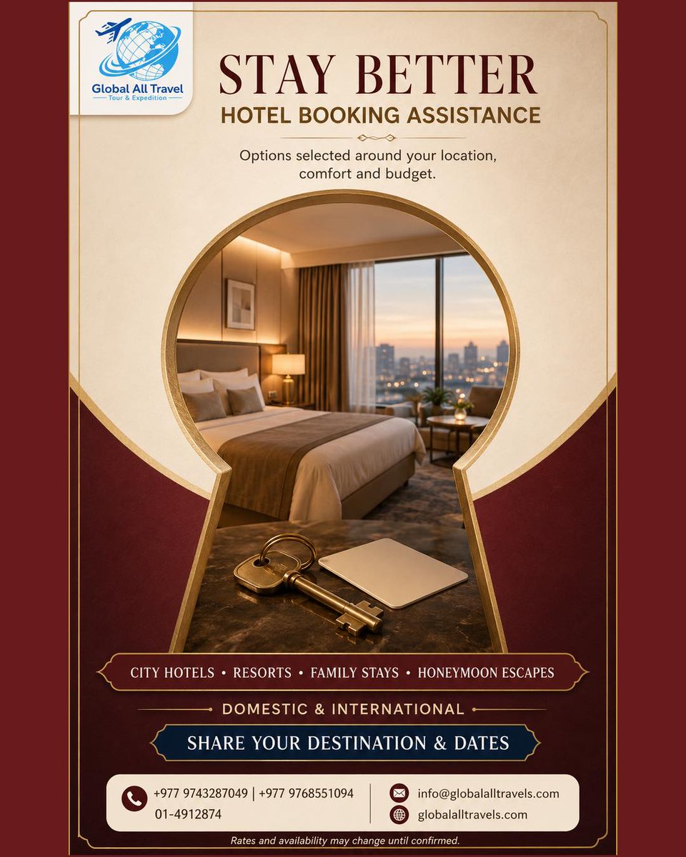 freedatrea's tweet photo. 🏨 STAY BETTER WITH GLOBAL ALL TRAVEL
Looking for suitable accommodation for your domestic or international journey? We help compare hotel options based on your location, comfort preferences and budget. We can assist with
🏙️ City hotels
🌴 Resorts https://t.co/ajA8iEvEV2