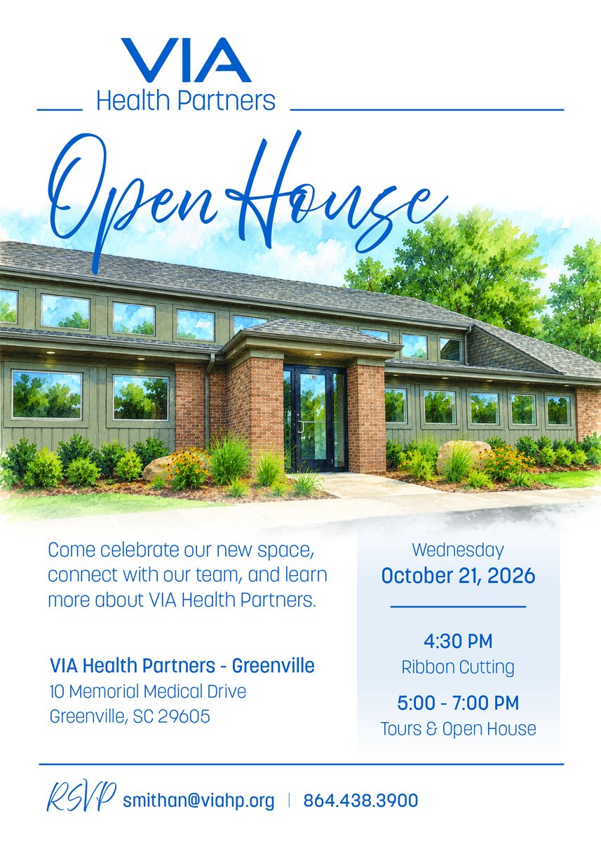 VIAHealthPartnr's tweet photo. Mark your calendar for Oct. 21st! Celebrate with our team at our newly renovated building in Greenville, SC. Ribbon cutting &amp; remarks at 4:30 pm. Tours, food &amp; beverages from 5 - 7 pm.

#VIAHealthPartners #GreenvilleSC #RibbonCutting #CommunityEvent #HospiceCare #PalliativeCare https://t.co/NPLmZ863DQ