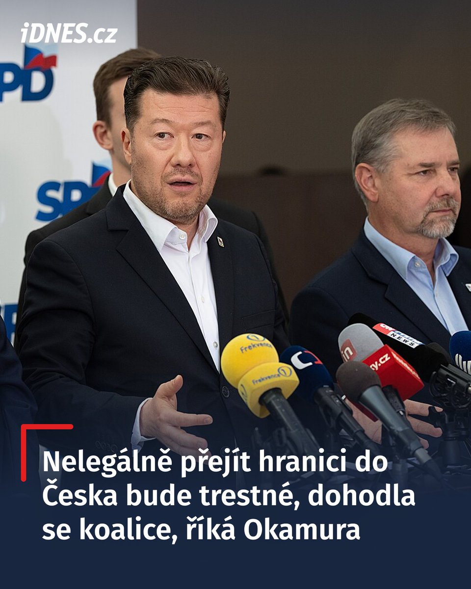 iDNEScz's tweet photo. Nelegální překročení české státní hranice má být znovu trestným činem. Na přípravě takového návrhu se podle Tomia Okamury na návrh SPD domluvila vládní koalice. Má se týkat jen občanů třetích zemí, kteří se do Česka pokusí nelegálně dostat.

👉 https://t.co/uM7xns0Uzi https://t.co/0Rfbz9iU43