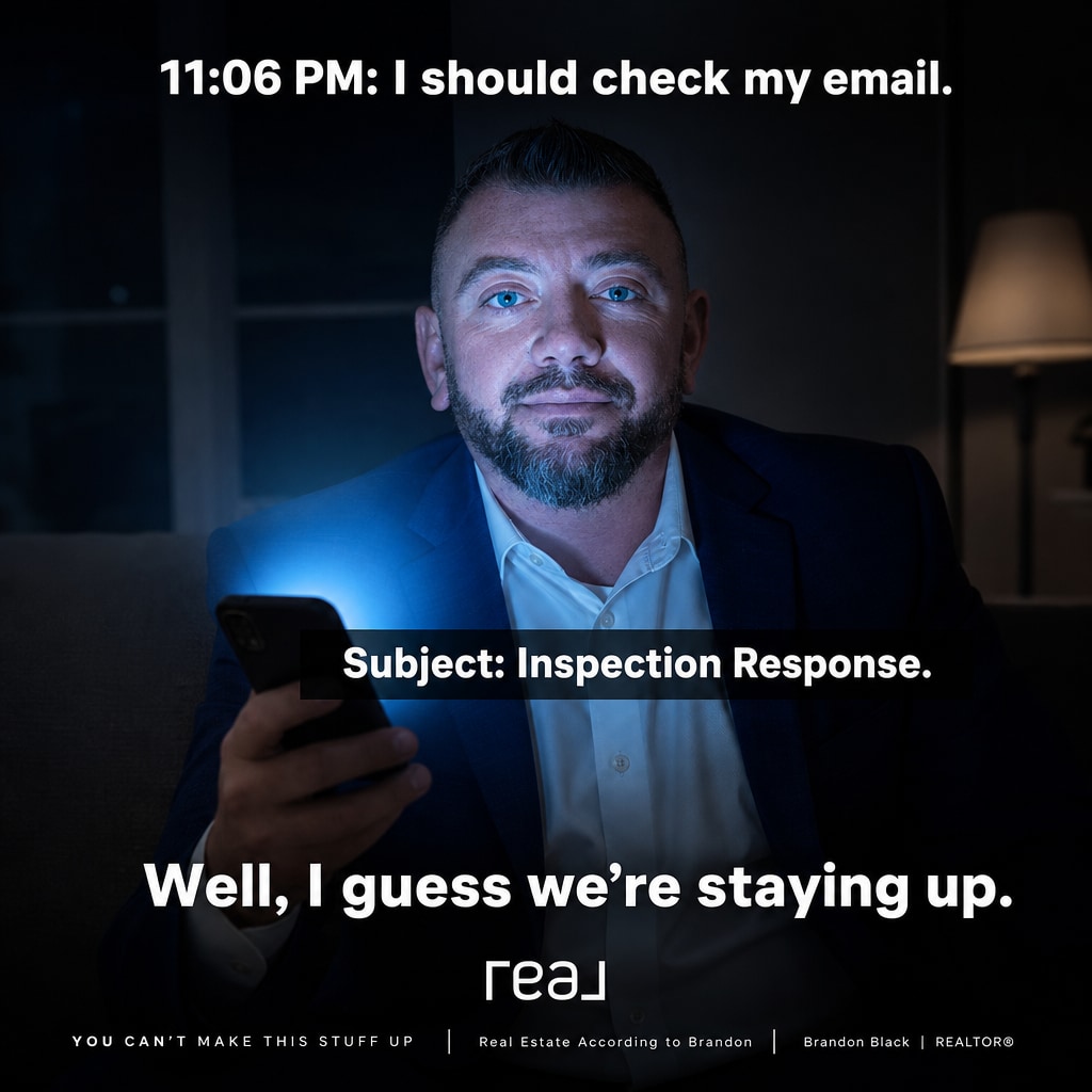 BBlackRealtor's tweet photo. Opening your inbox at 11:06 PM and seeing 'Inspection Response' is an immediate caffeine substitute. Goodnight to everyone except real estate agents. https://t.co/8s0PcPjxlX