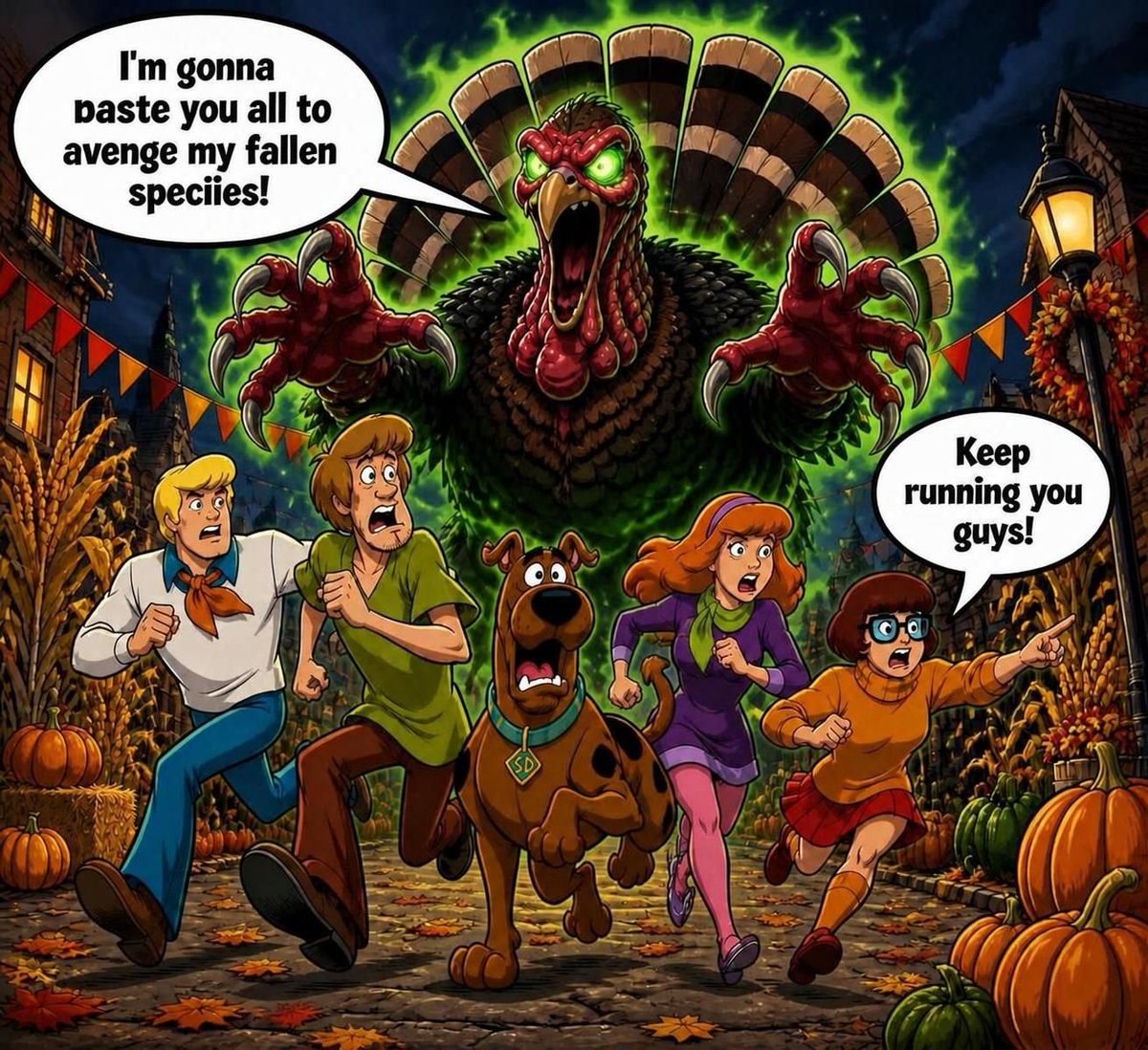 Brodyhall25's tweet photo. Since Thanksgiving is around the corner and their doing that Scoobtober tv special, I decided to make a fanart of what a Scooby Doo Thanksgiving Mystery would resemble! https://t.co/R5yZycjEf2