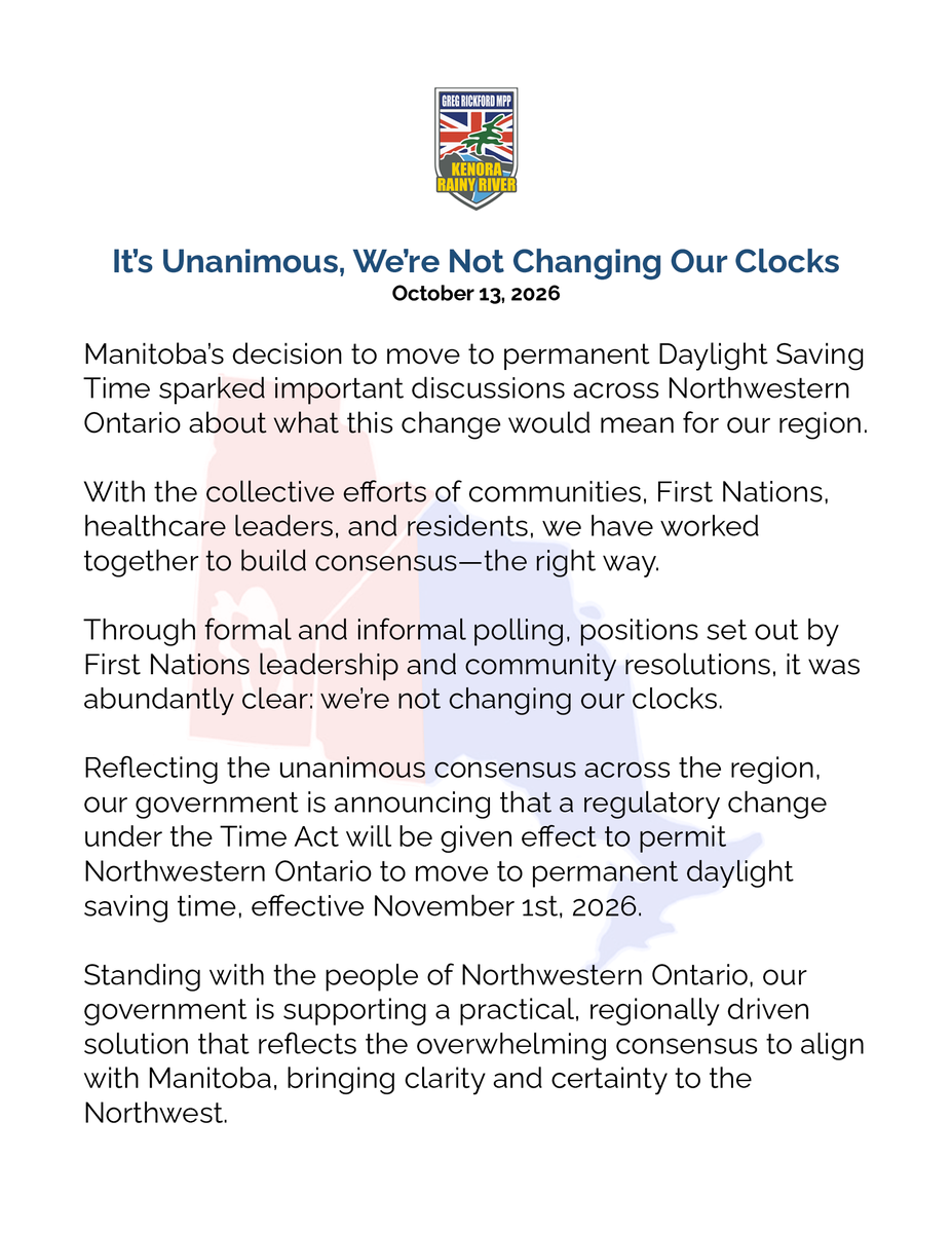 GregRickford's tweet photo. It's unanimous, we’re not changing our clocks.

Please see my statement below: https://t.co/3VjbPECrxY