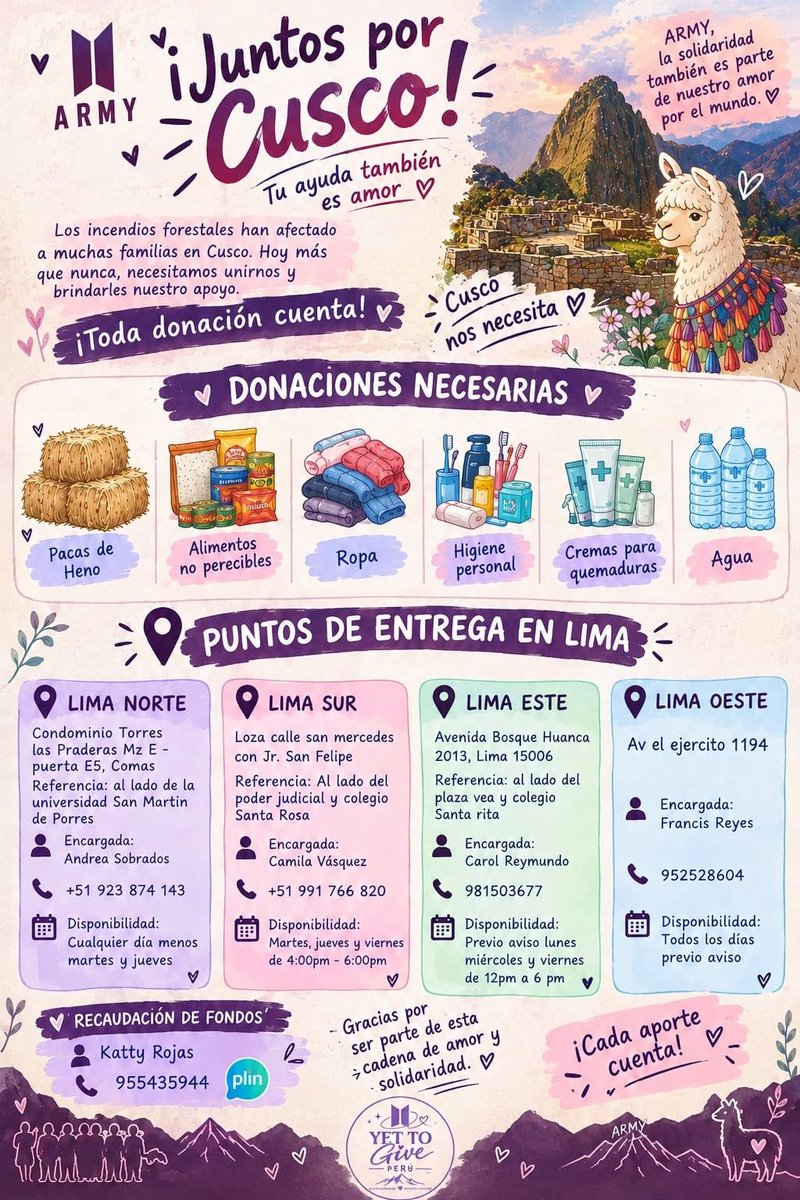 minyoongiteam01's tweet photo. CUSCO NOS NECESITA, JUNTOS PODEMOS HACER LA DIFERENCIA‼️‼️
Estas son las cuentas del grupo:
- TikTok:  https://t.co/xCqX1t1Bds
- Instagram: https://t.co/pM1G6nIXgI
- Grupo de WhatsApp: https://t.co/qaMYELsccH
Si deseas colaborar con un donativo:
📌 Yape: Katty Rojas — 955 435 944 https://t.co/yhIdr5aKem