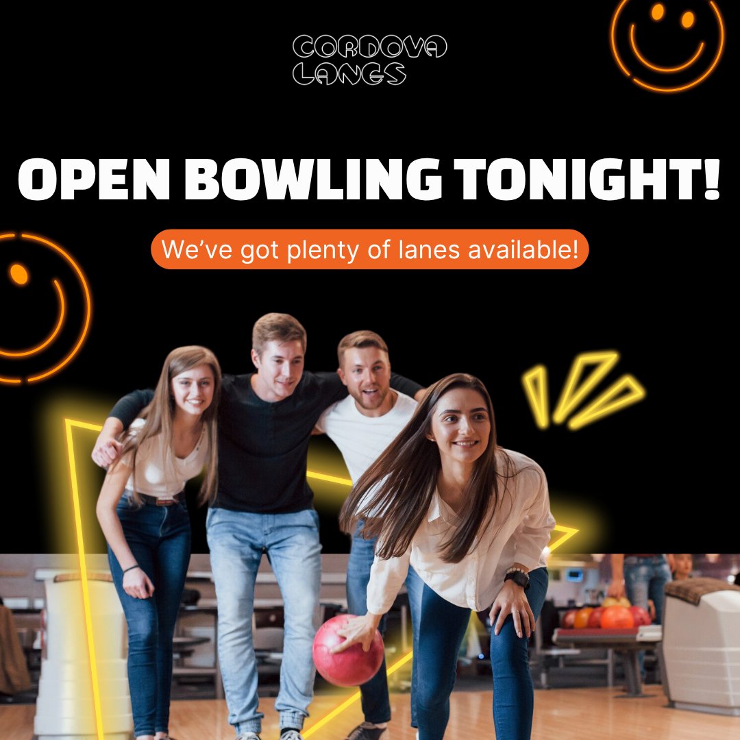LanesCordova's tweet photo. Looking for something to do tonight? Come out to Cordova Lanes for open bowling! With no leagues playing tonight, we’ll have plenty of lanes available. Bring your friends or family and enjoy a night of bowling!

#CordovaLanes #OpenBowling #BowlingNight https://t.co/VxrYJMwvHB