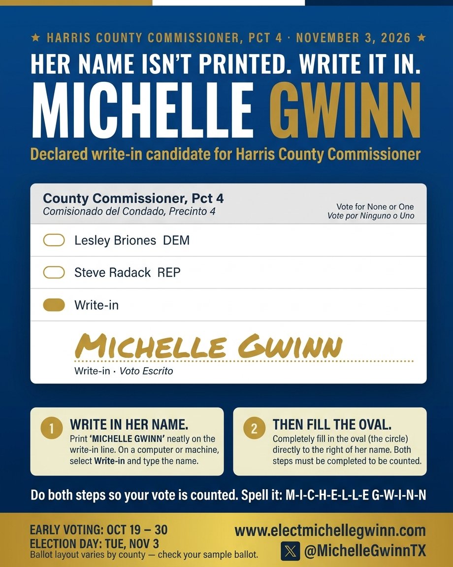 MichelleGwinnTX's tweet photo. @bauer37265 @LesleyBrionesTX Or you can vote for me and I can be your next commissioner of PCT. 4. Gotta write me in to win! https://t.co/XvNI3hHpl0