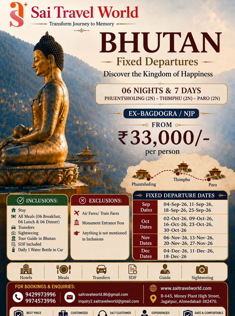 Jessly_xo's tweet photo. ✨ BHUTAN – THE KINGDOM OF HAPPINESS AWAITS! ✨🇧🇹
Escape to the peaceful land of monasteries, majestic mountains &amp; breathtaking valleys! 🏔️🌿
Experience 6 Nights / 7 Days covering Phuentsholing • Thimphu • Paro with our special Fixed Departure https://t.co/hE868Yo3r7